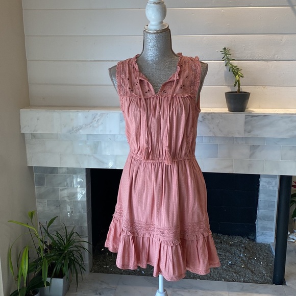 Lucky Brand Pink Lacey Ruffled Tiered Boho Peasant Dress Size Small - Picture 4 of 15
